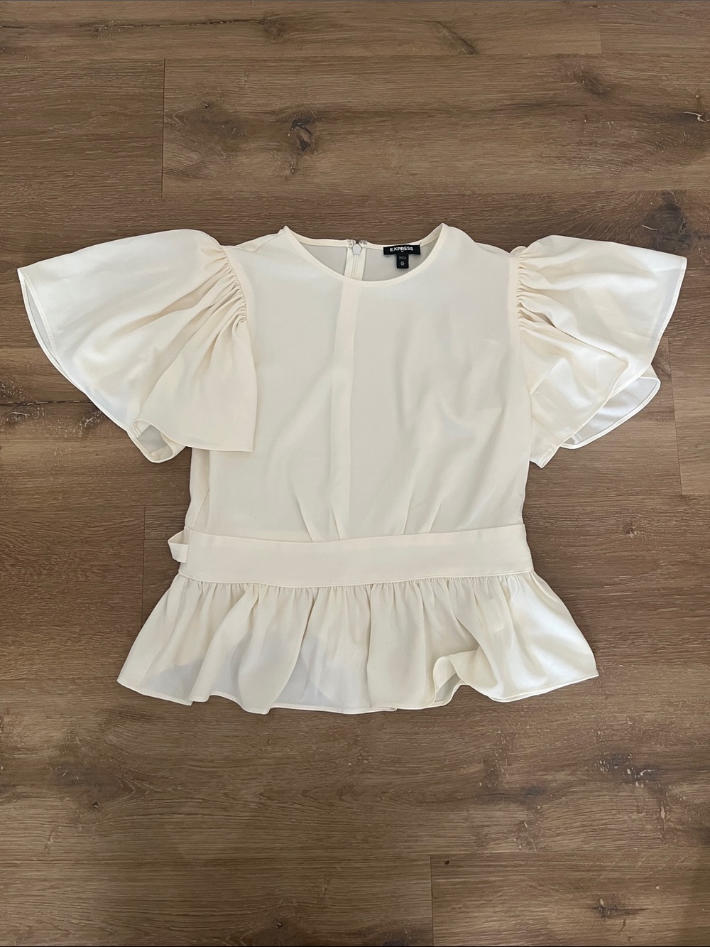 Express Cream Short Sleeve Peplum Blouse with Ruffle Details